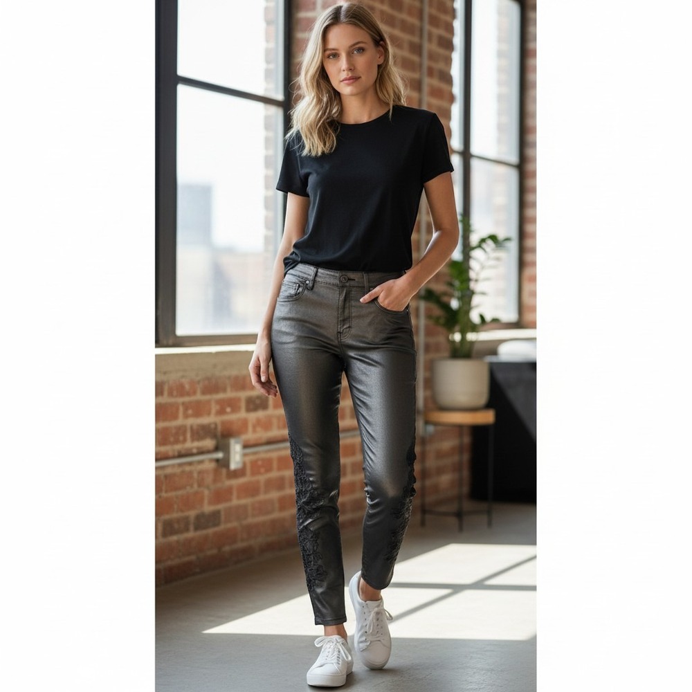 WHBM Coated Slim Pants Womens 8 Black Lace Applique High Rise 570336326